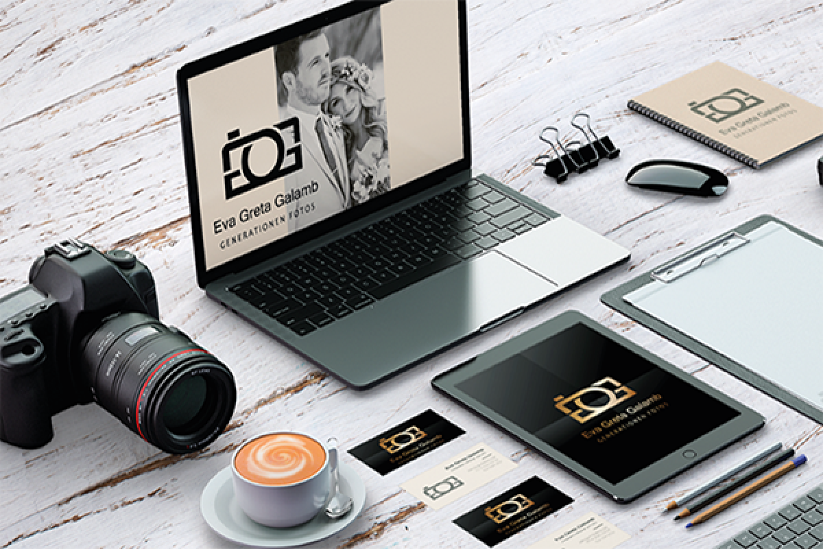 Fotográfiai márka logó- és arculattervezése, fényképezőgépes emblémával, névjegykártyákkal és digitális arculati elemekkel.