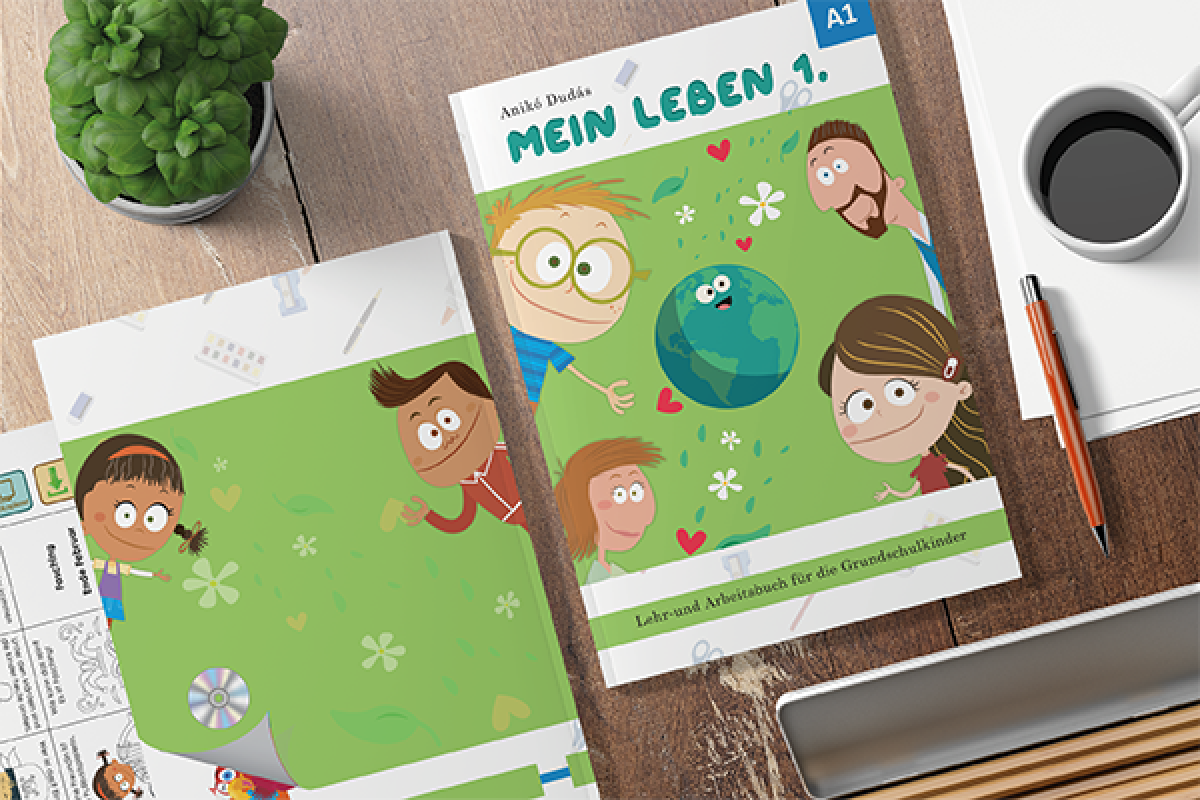 Mein Leben A1 illusztrált német nyelvkönyv borítóterve és belső oldalai, színes gyermekillusztrációkkal és grafikai tördeléssel.