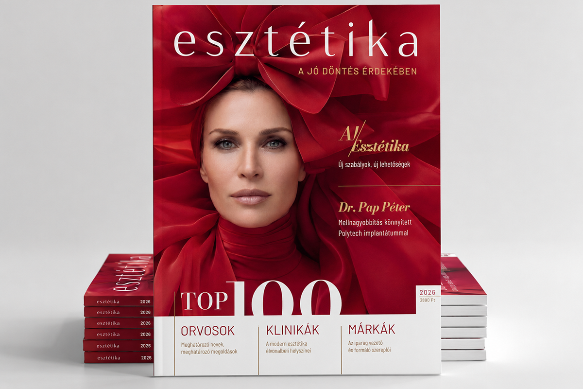 Az Esztétika magazin 2026-os TOP 100 kiadványának piros-fehér borítója és egymásra helyezett nyomtatott példányai.
