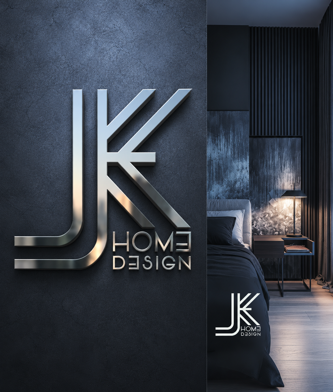 JK Home Design lakberendezési márka fémhatású, geometrikus JK monogramja és arculati bemutatója modern, sötét tónusú enteriőrrel.