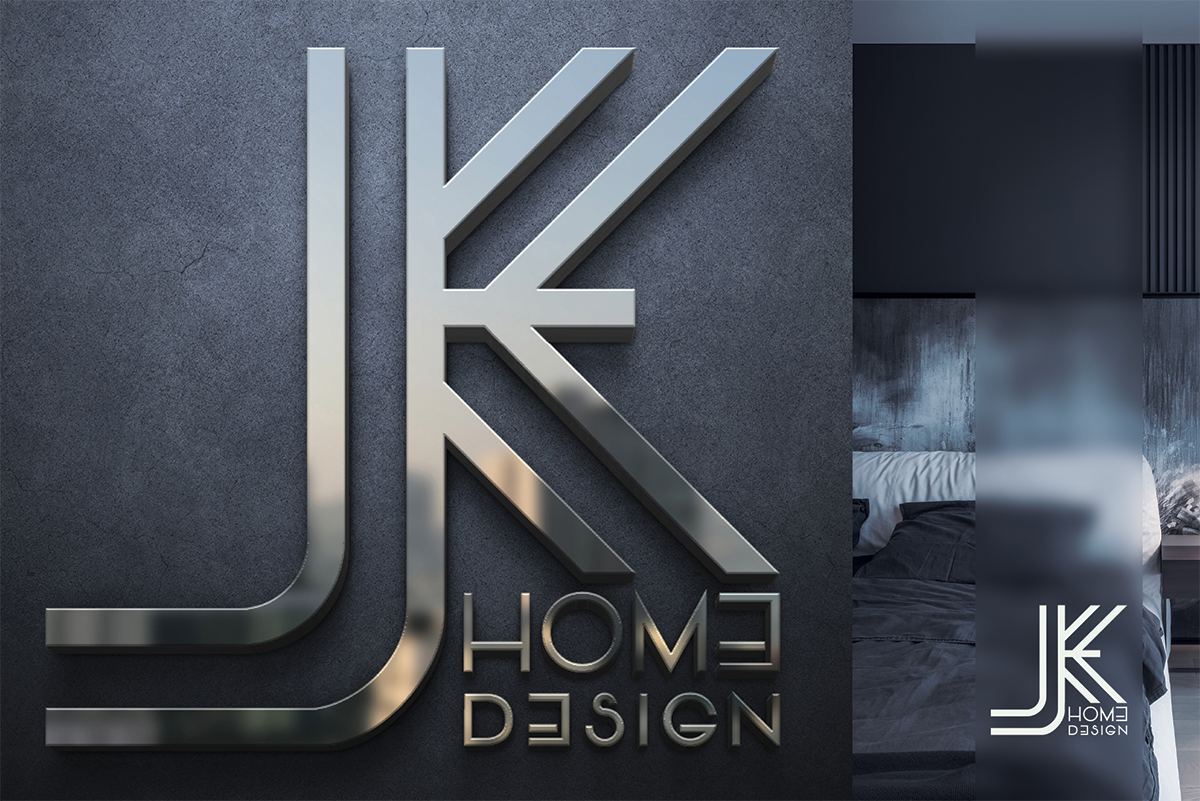 JK Home Design fémhatású, JK monogramos logója sötét felületen, lakberendezési arculati bemutatóval.