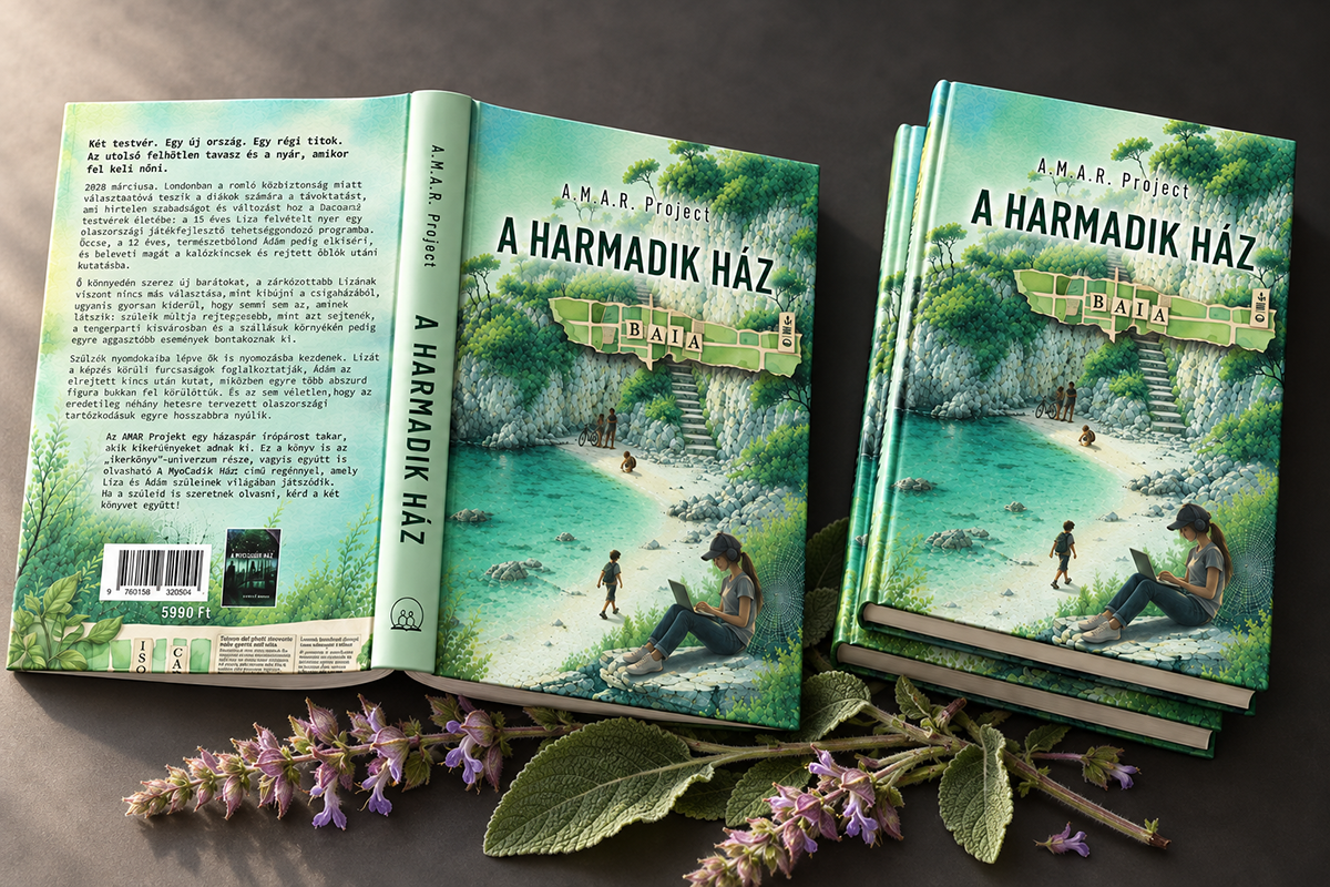 A Harmadik Ház című regény nyomtatott könyvborítója és hátlapja, természetközeli illusztrációval és könyv-mockup bemutatóval.