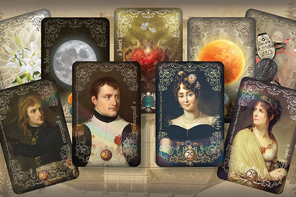 Egyedi tervezésű Lenormand-kártyalapok történelmi portrékkal, antik hangulatú díszítőmotívumokkal és számozott kártyakeretekkel